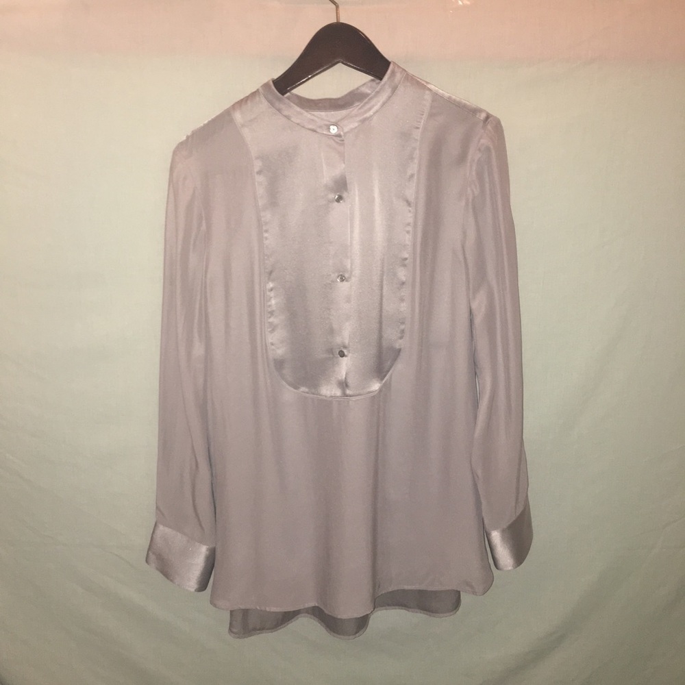 New Light Dusty Lilac Purple Button-Up Low Collar Silky Sheer Flowy Top
